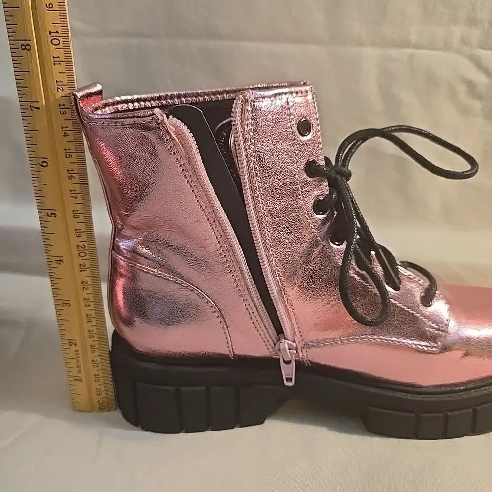 Madden NYC Metallic Pink Lace Up & Zip Combat Boots Youth Size 5 Stompers Moto
